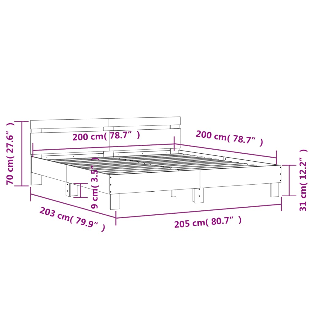 vidaXL Sengeramme med hodegavl betonggrå 200x200 cm konstruert tre