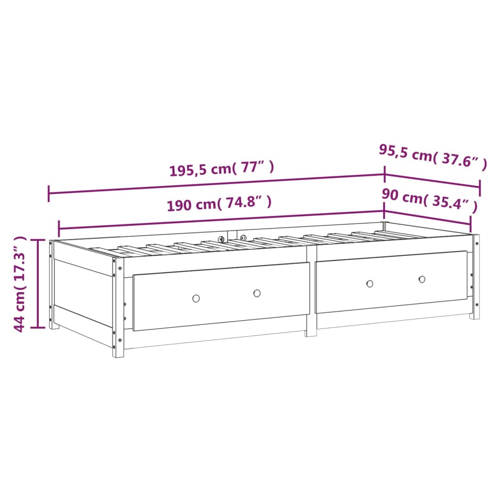 vidaXL Dagseng grå 90x190 cm Single heltre furu