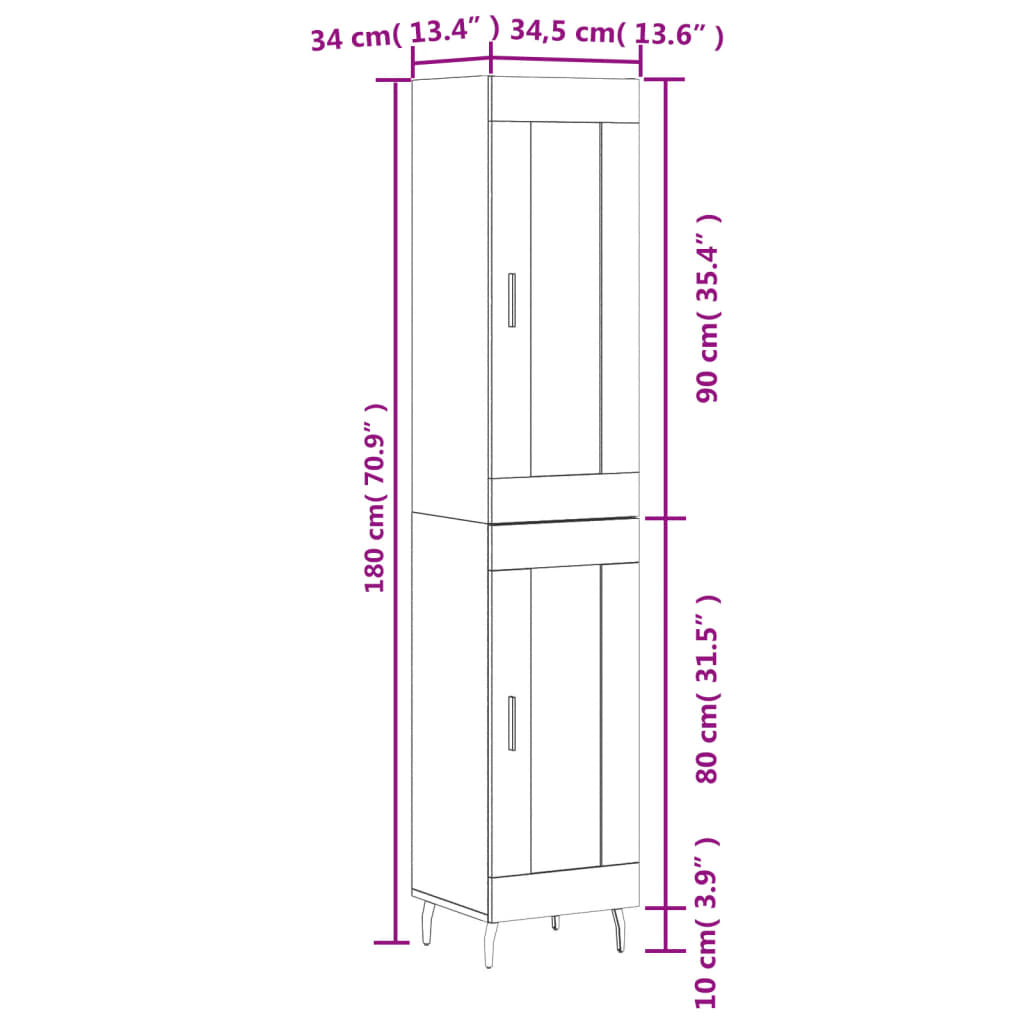 vidaXL Highboard grå sonoma 34,5x34x180 cm konstruert tre