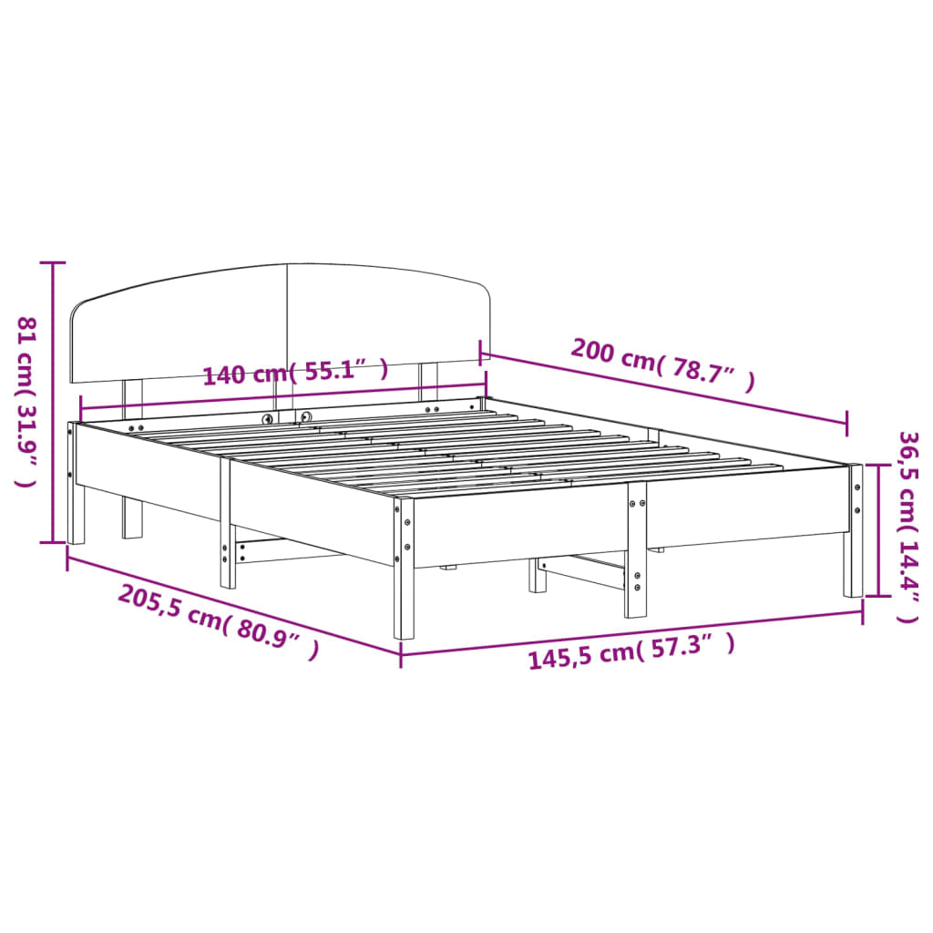 vidaXL Sengeramme uten madrass hvit 140x200 cm heltre furu