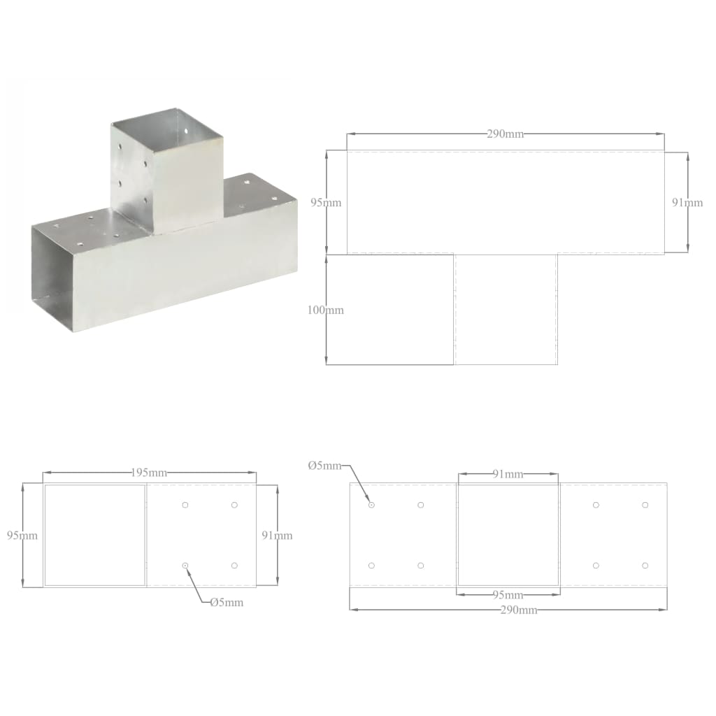 vidaXL Stolpesko 4 stk T-form galvanisert metall 91x91 mm