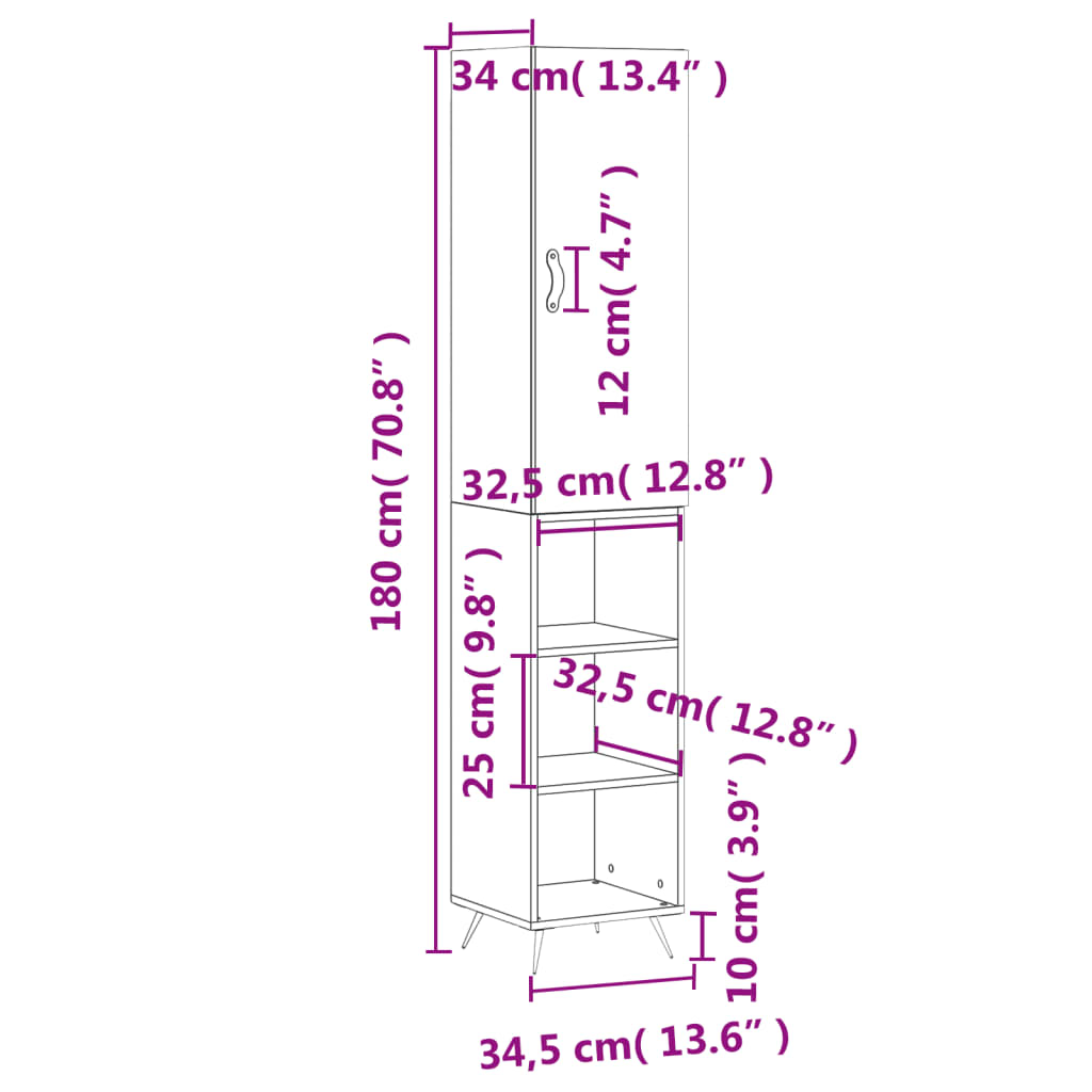 vidaXL Highboard sonoma eik 34,5x34x180 cm konstruert tre