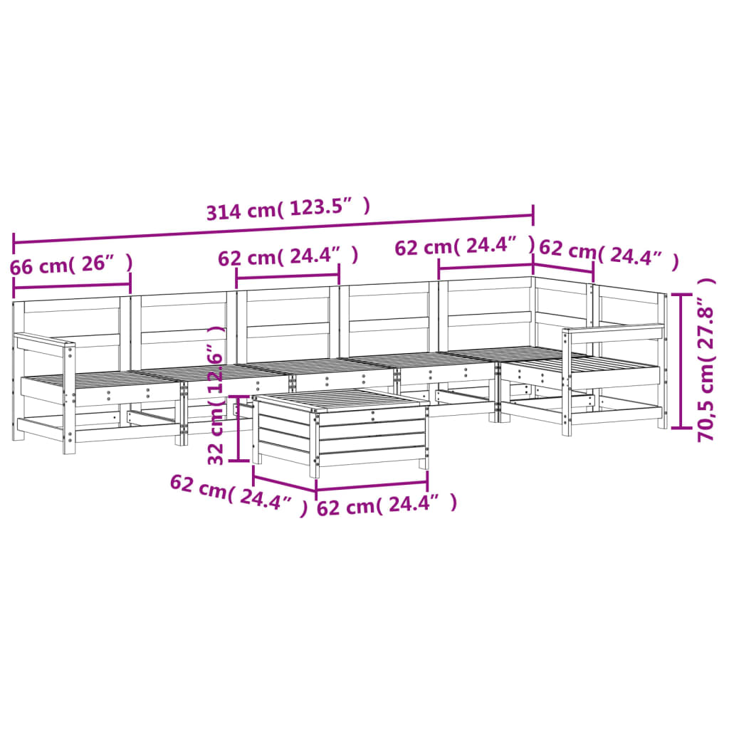 vidaXL Hagesofasett 7 deler hvit heltre furu