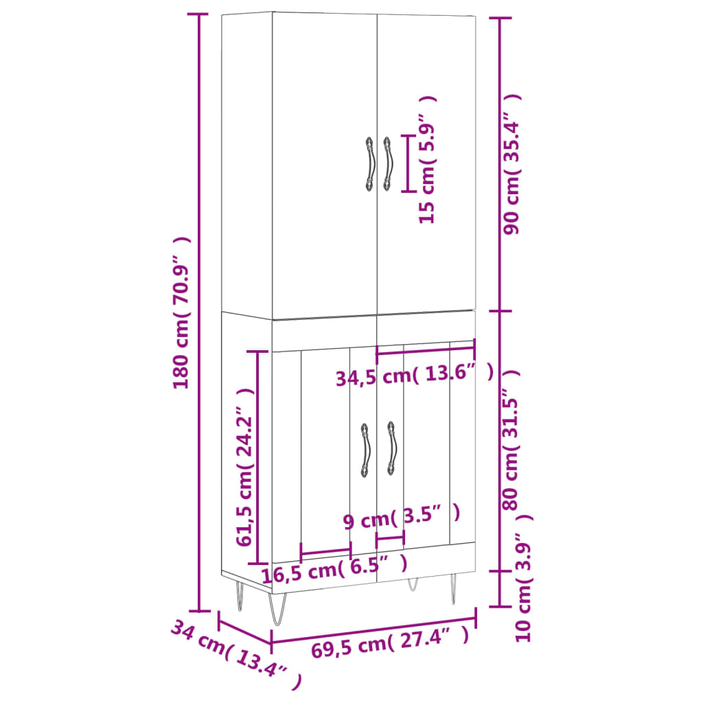 vidaXL Highboard høyglans hvit 69,5x34x180 cm konstruert tre