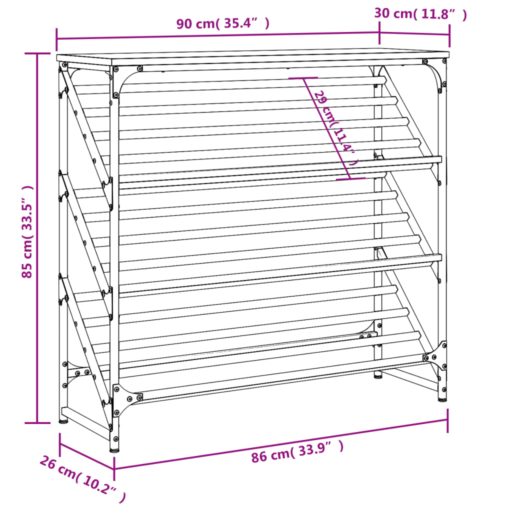 vidaXL Skohylle svart 90x30x85 cm konstruert tre