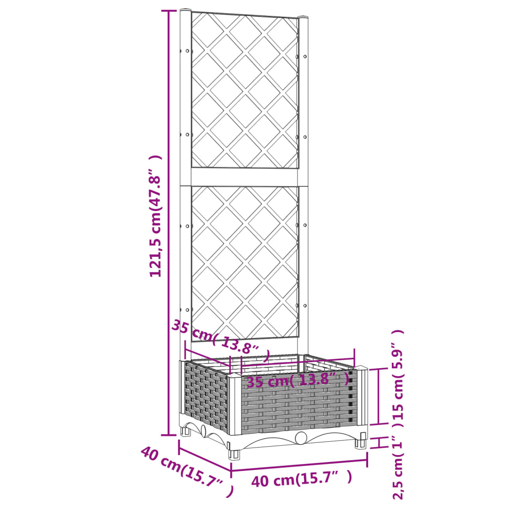 vidaXL Plantekasse med espalier mørkegrå 40x40x121,5 cm PP