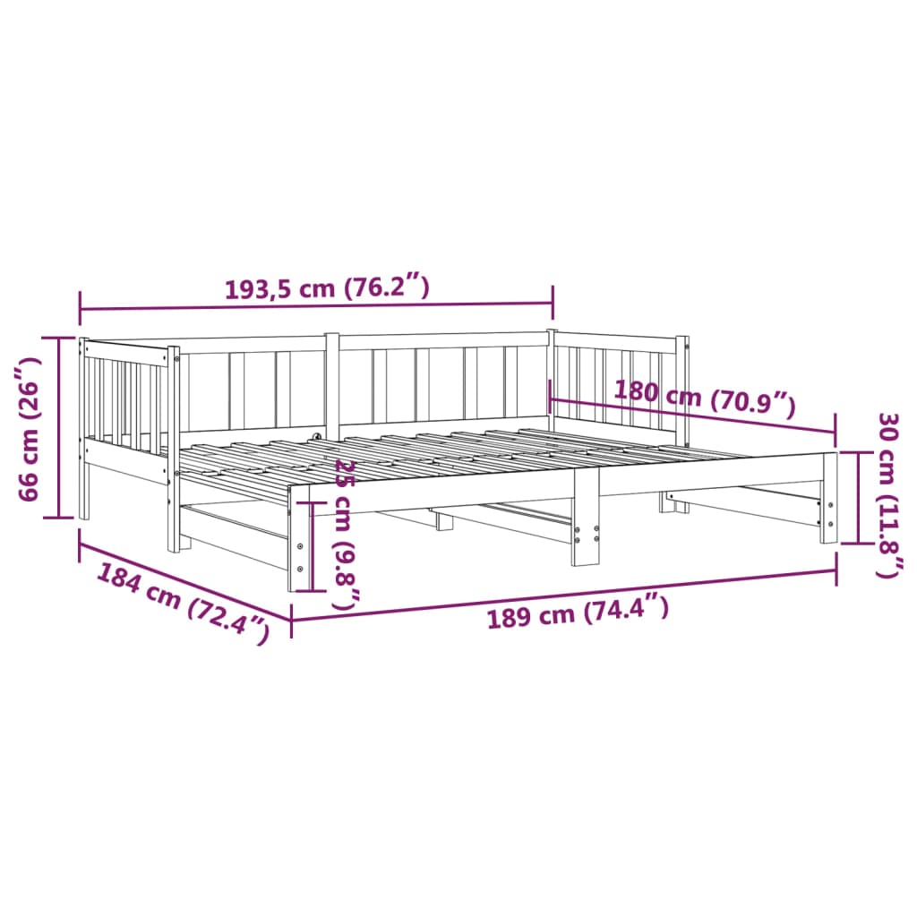 vidaXL Uttrekkbar dagseng 90x190 cm heltre furu