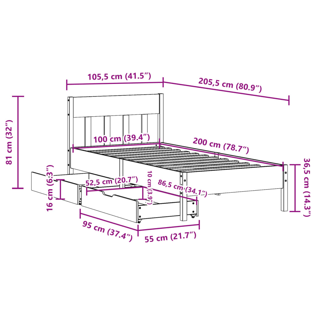 vidaXL Sengeramme uten madrass hvit 100x200 cm heltre furu