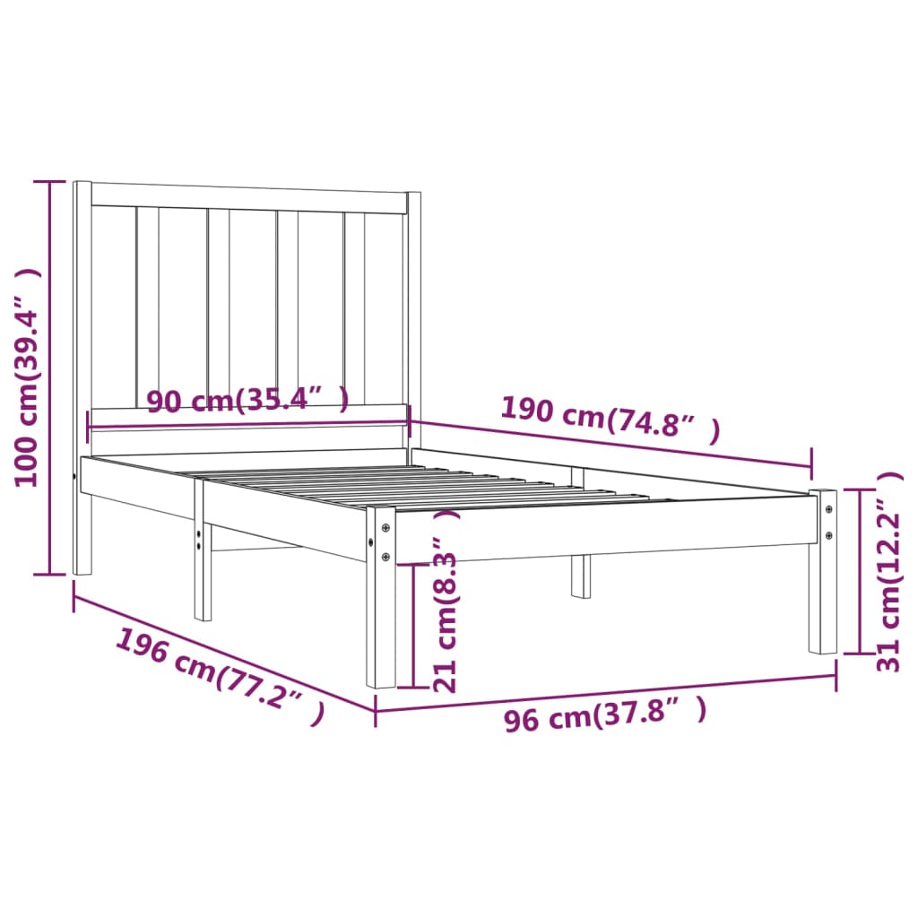 vidaXL Sengeramme heltre furu 90x190 cm Single