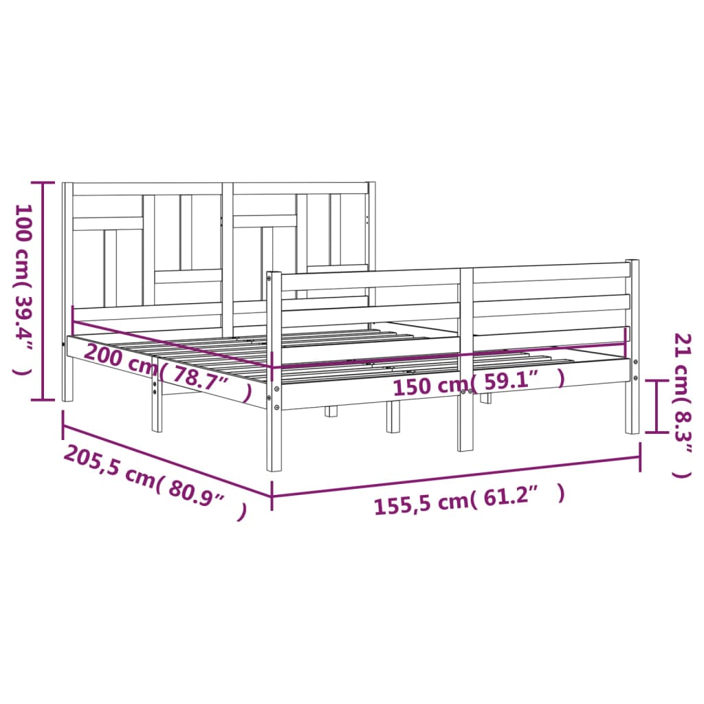 vidaXL Sengeramme med hodegavl hvit 5FT King Size heltre