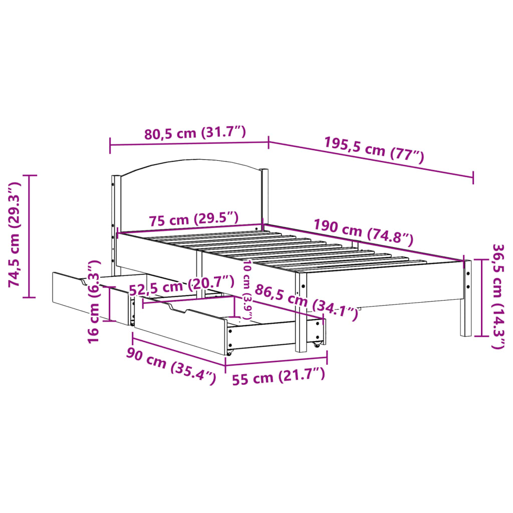 vidaXL Sengeramme uten madrass 75x190 cm heltre furu