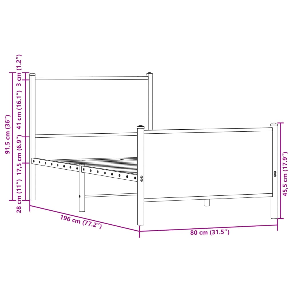 vidaXL Sengeramme i metall uten madrass røkt eik 75x190 cm