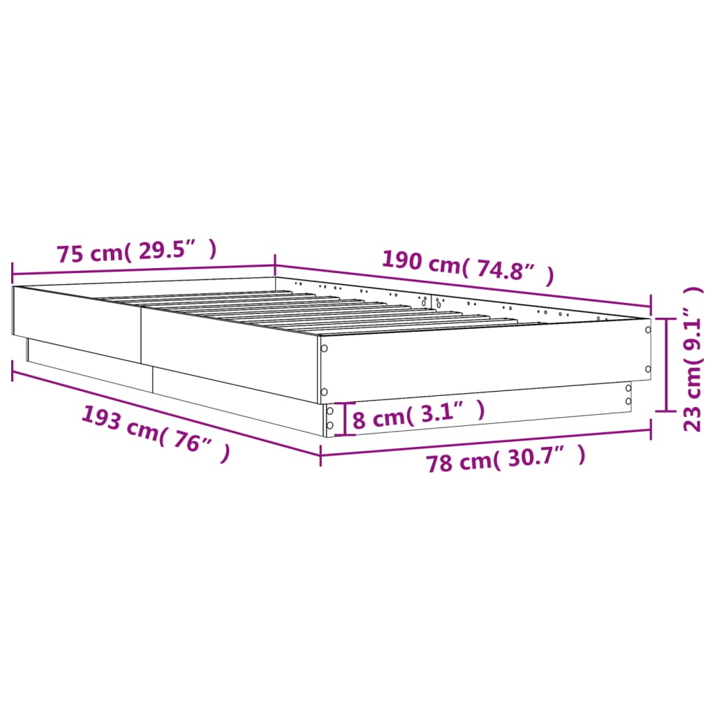 vidaXL Sengeramme uten madrass røkt eik 75x190 cm konstruert tre