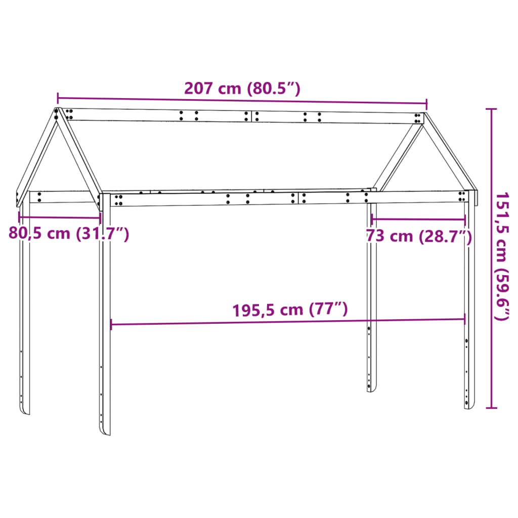 vidaXL Tak for barneseng hvit 207x80,5x151,5 cm heltre furu