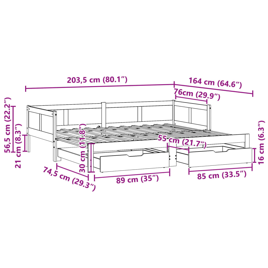 vidaXL Uttrekkbar dagseng med skuffer uten madrass 80x200 cm