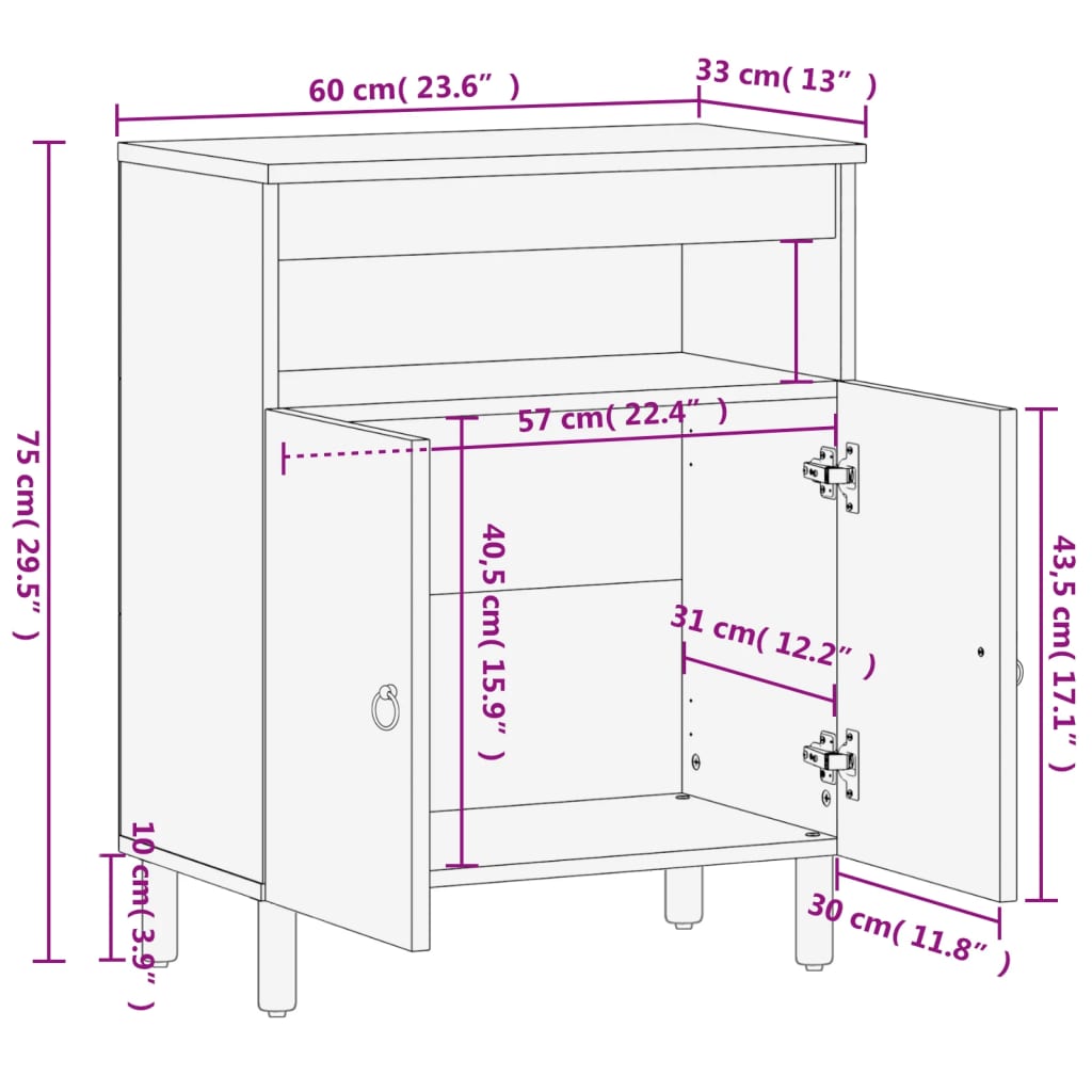 vidaXL Sideskap 60x33x75 cm heltre mango