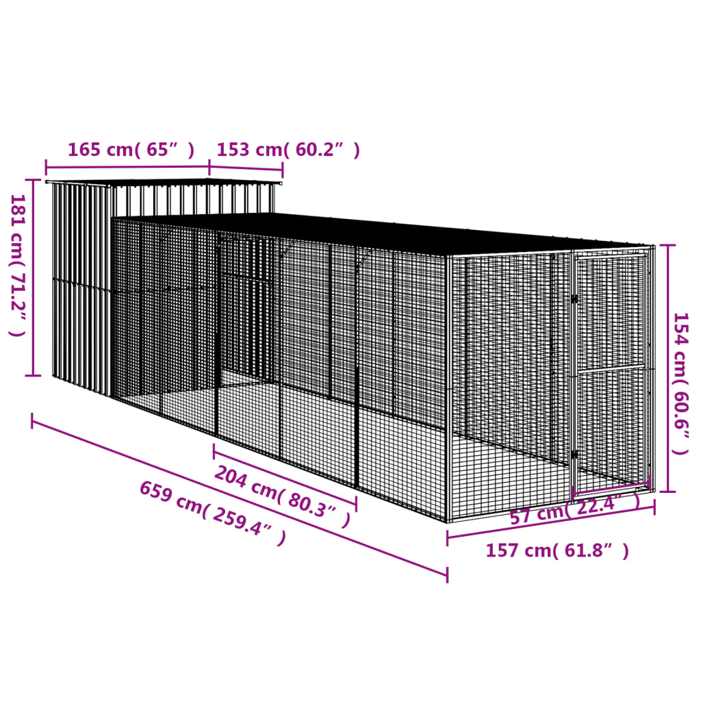 vidaXL Hønsebur med gård antrasitt 165x659x181 cm galvanisert stål