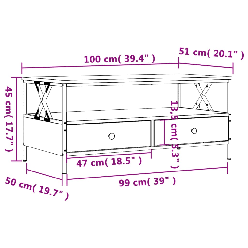 vidaXL Salongbord sonoma eik 100x51x45 cm konstruert tre