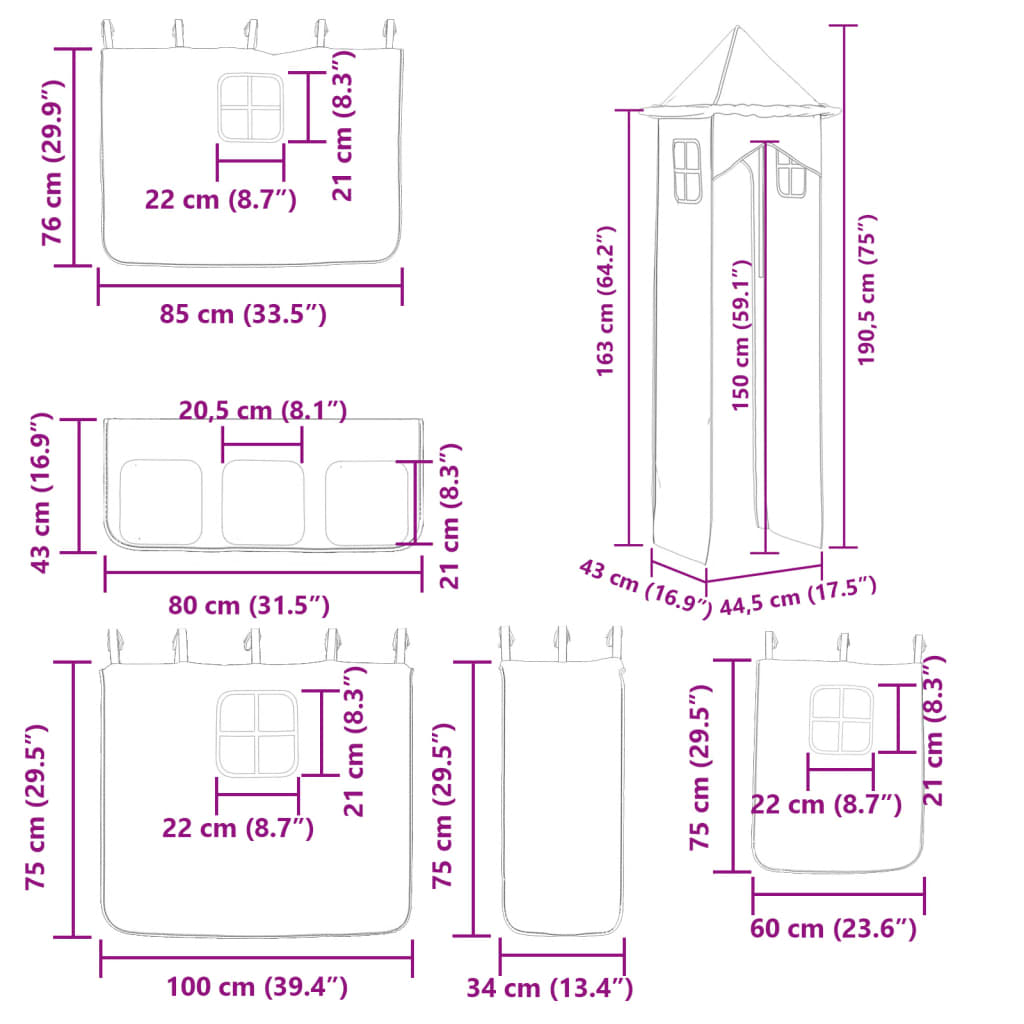 vidaXL Køyeseng med sklie og gardiner rosa 90x200 cm