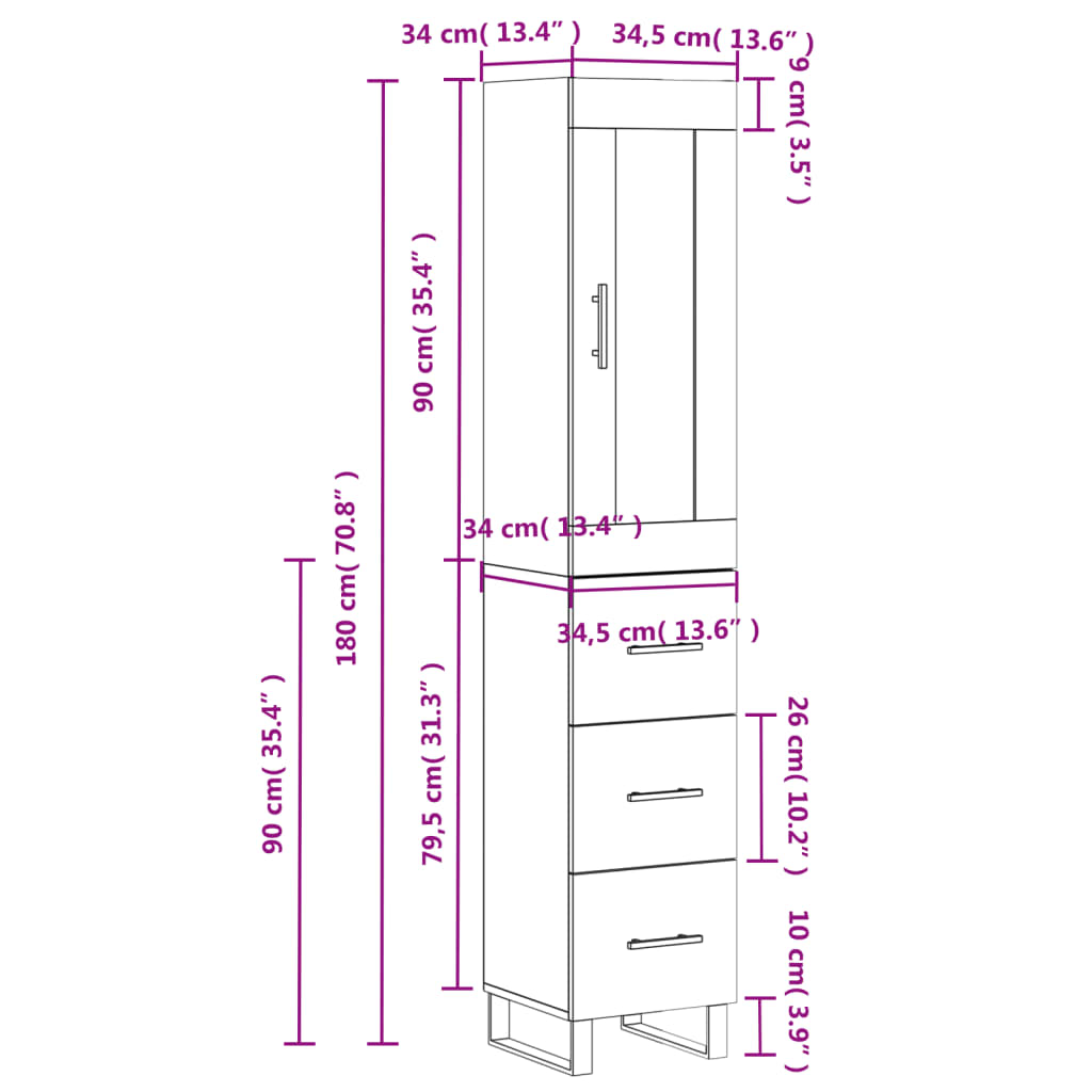 vidaXL Highboard grå sonoma 34,5x34x180 cm konstruert tre