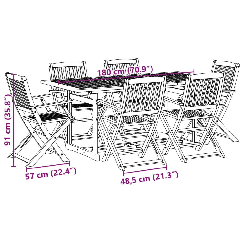 vidaXL Hagespisegruppe 7 deler 180x90x75 cm heltre akasie