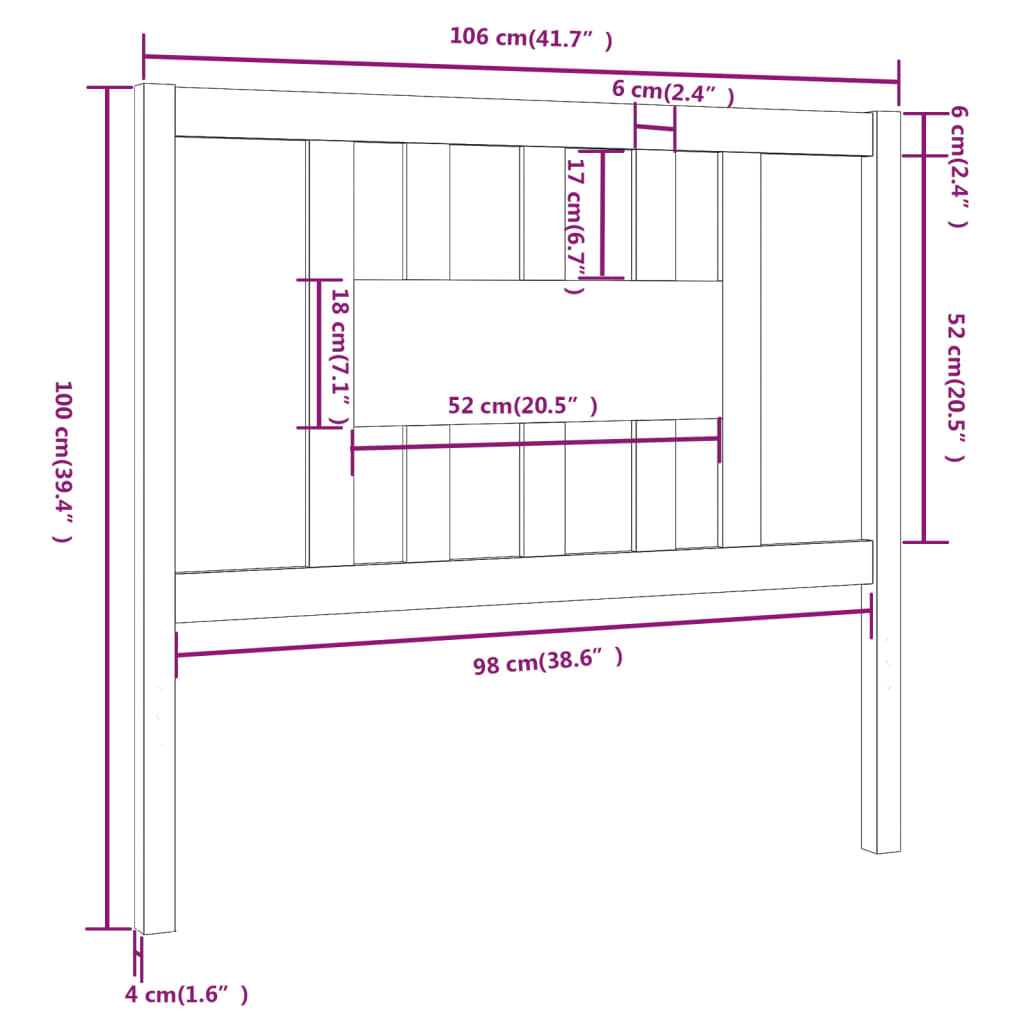 vidaXL Sengegavl 106x4x100 cm heltre furu