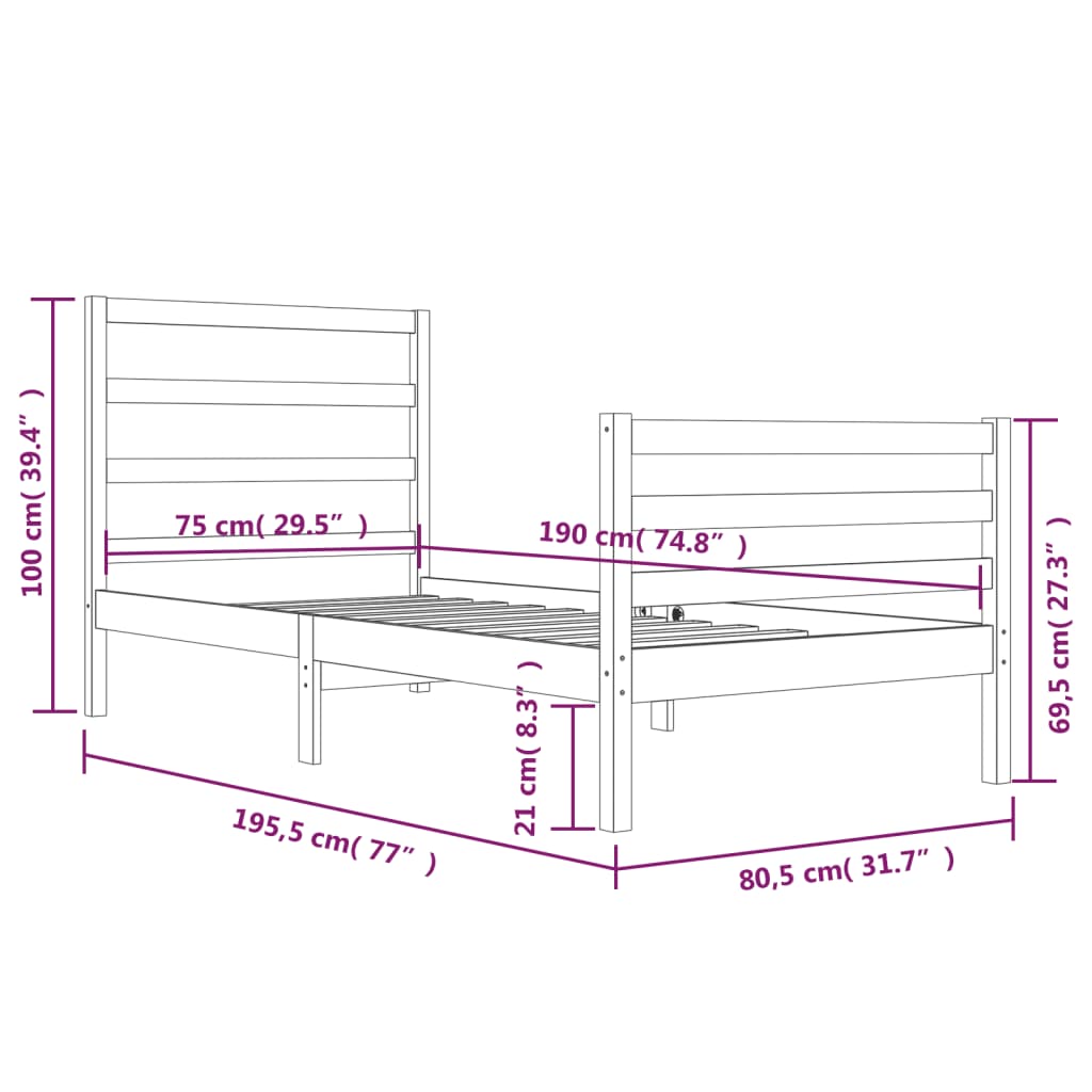 vidaXL Sengeramme svart heltre furu 75x190 cm Small Single