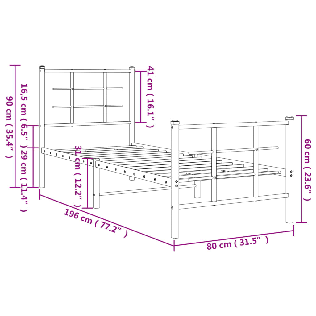 vidaXL Sengeramme i metall med hode- og fotgavl svart 75x190 cm