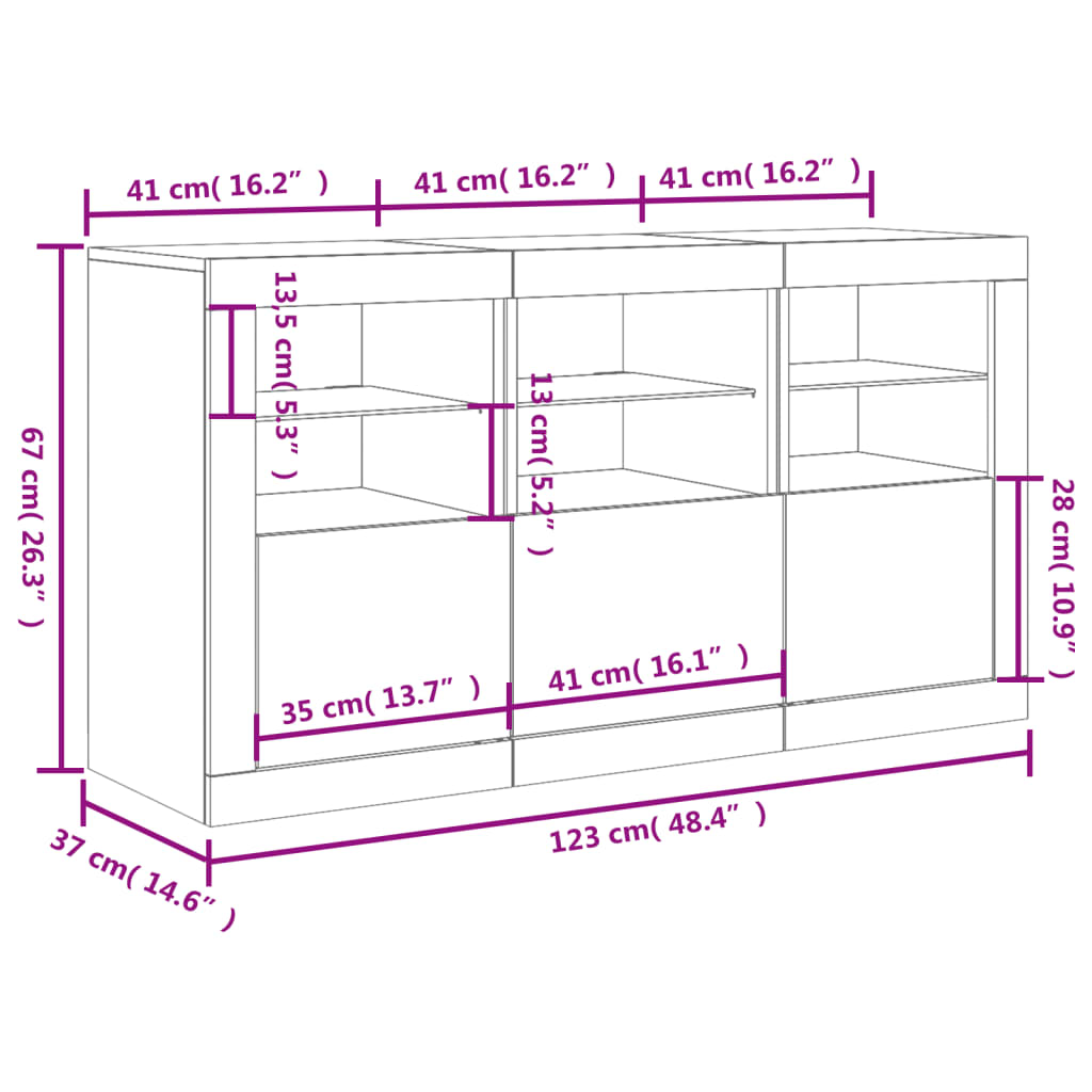 vidaXL Skjenk med LED-lys sonoma eik 123x37x67 cm