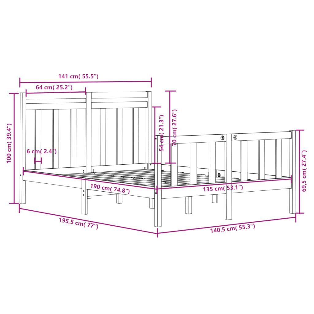 vidaXL Sengeramme heltre 135x190 cm Double