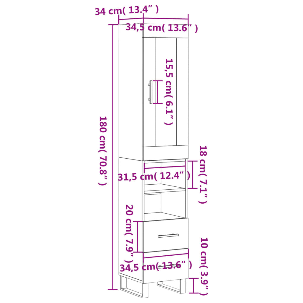 vidaXL Highboard røkt eik 34,5x34x180 cm konstruert tre