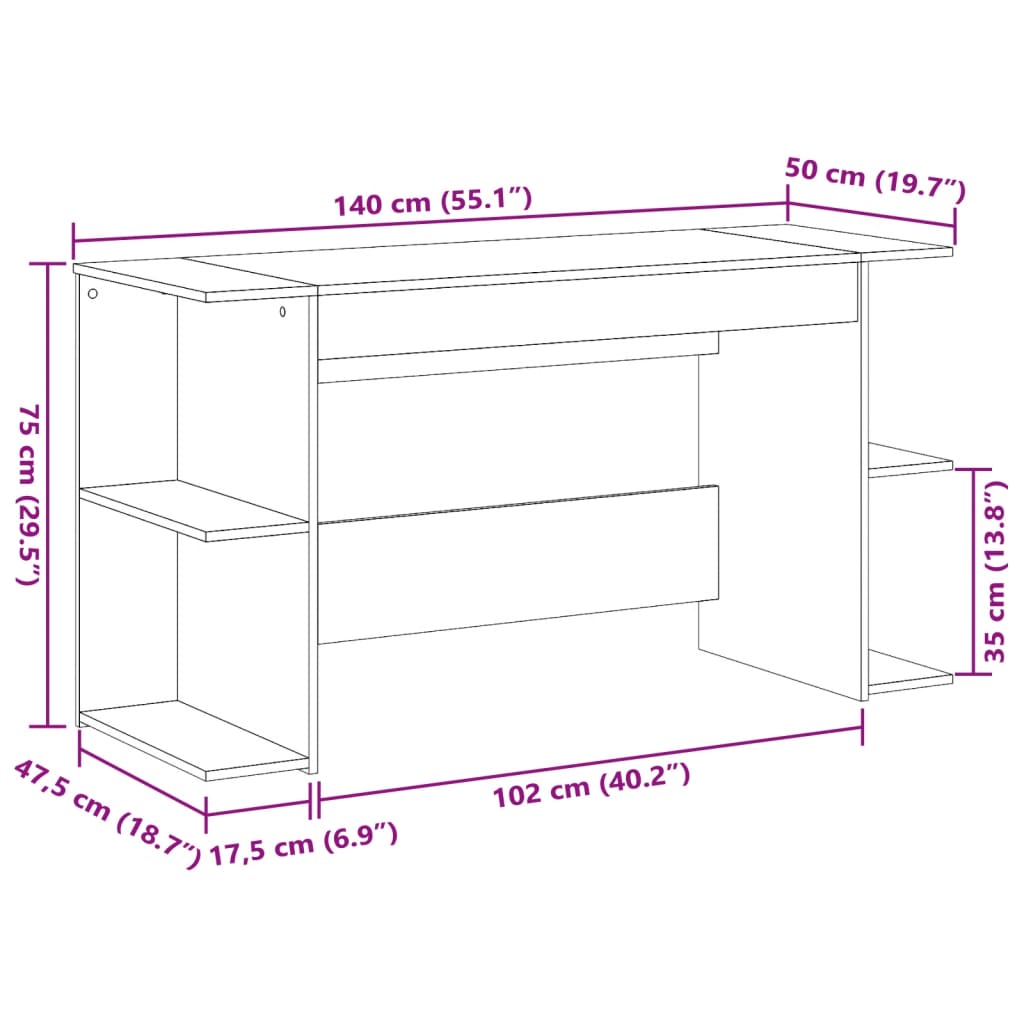 vidaXL Skrivebord brun eik 140x50x75 cm konstruert tre