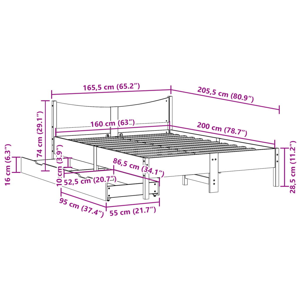 vidaXL Sengeramme med skuffer hvit 160x200 cm heltre furu