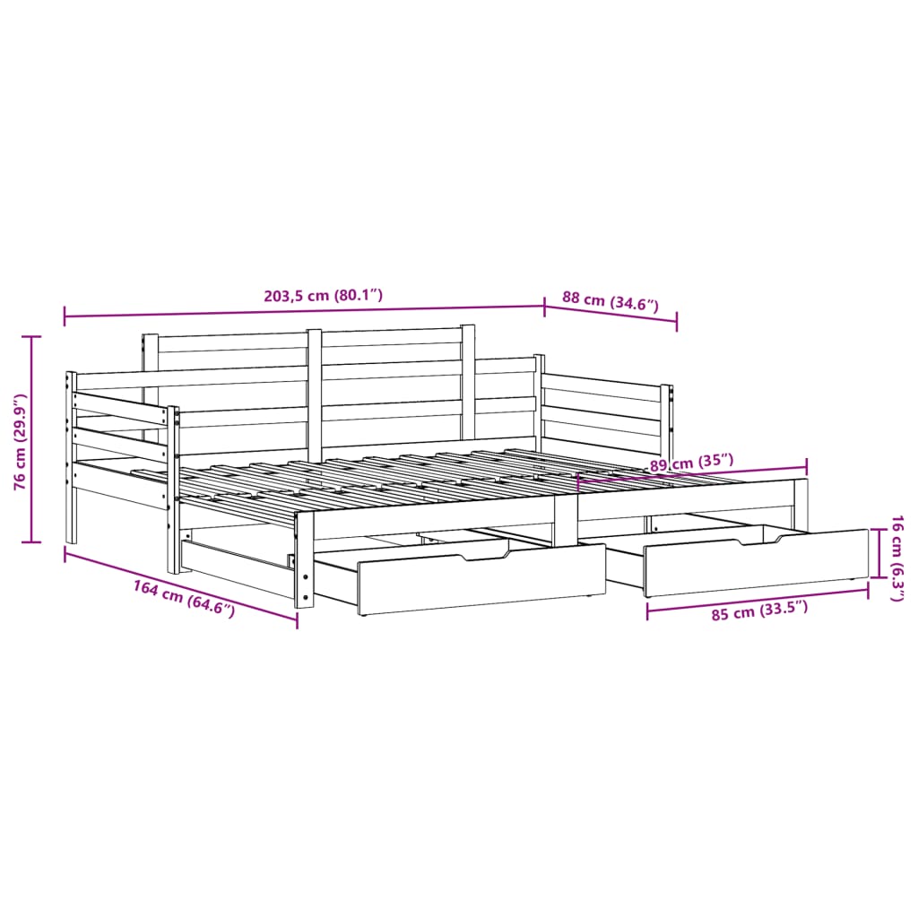 vidaXL Uttrekkbar dagseng med skuffer hvit 80x200 cm heltre furu