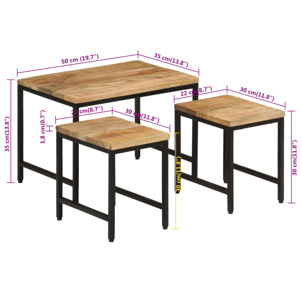 vidaXL Stablebare salongbord 3 stk grovt heltre mangotre og jern