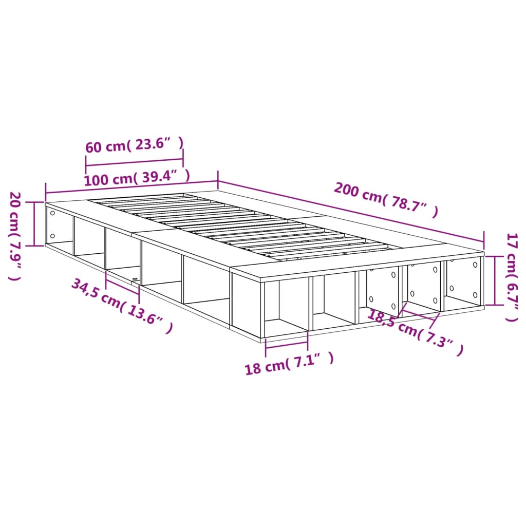 vidaXL Sengeramme grå sonoma 100x200 cm konstruert tre