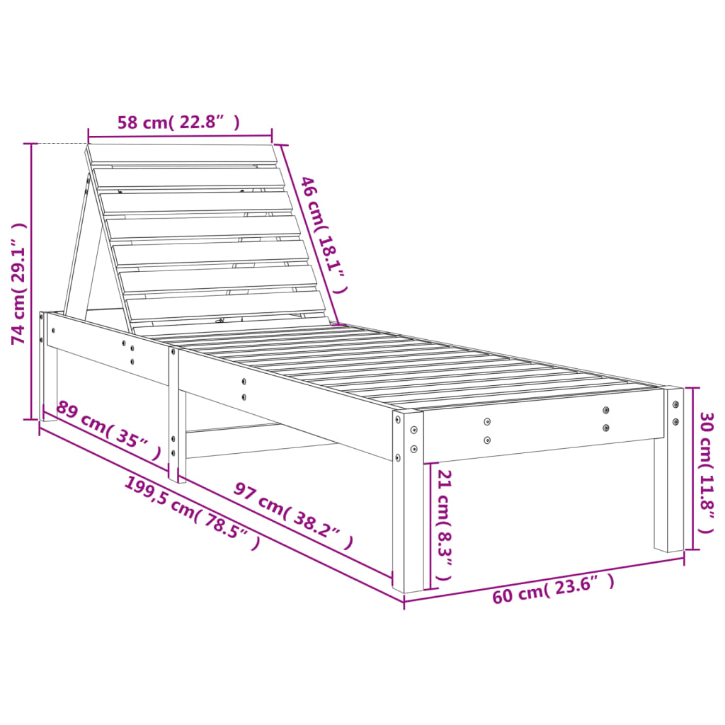 vidaXL Solsenger 2 stk hvit 199,5x60x74 cm heltre furu