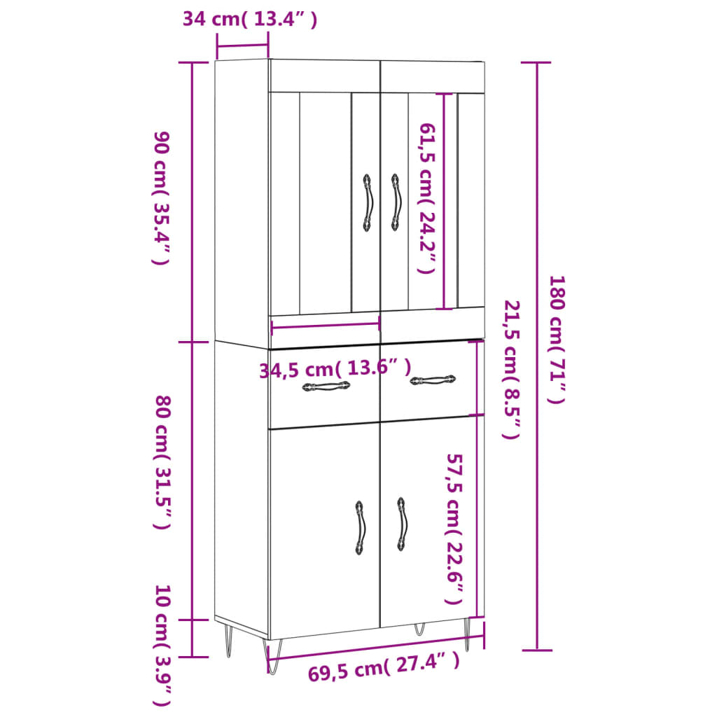 vidaXL Highboard hvit 69,5x34x180 cm konstruert tre