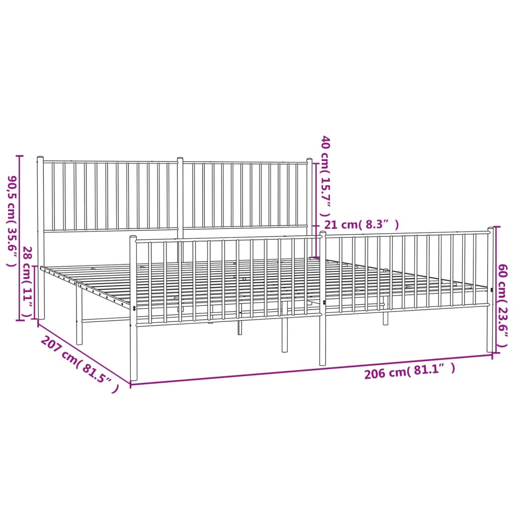 vidaXL Sengeramme i metall med hode- og fotgavl hvit 200x200 cm