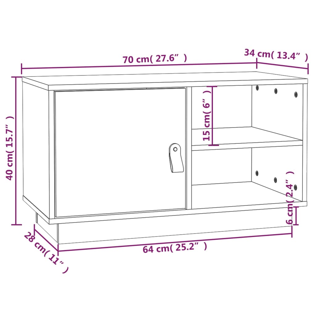 vidaXL TV-benk hvit 70x34x40 cm heltre furu