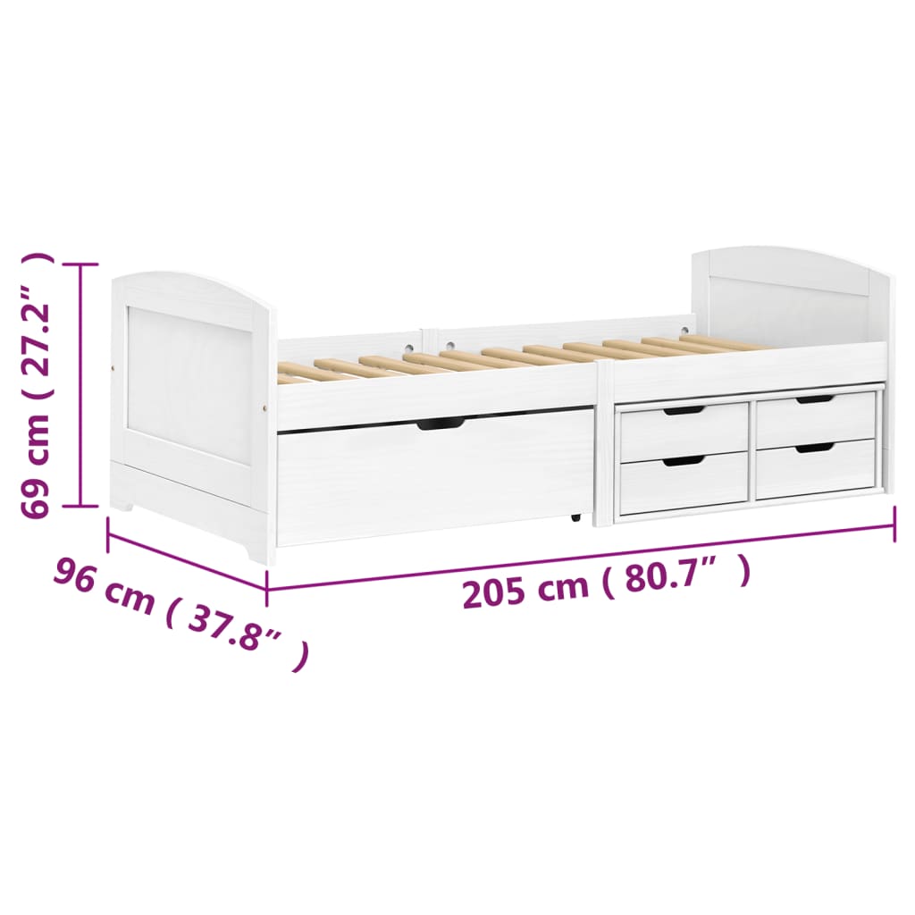 vidaXL Dagseng med 5 skuffer IRUN hvit 90x200 cm heltre furu