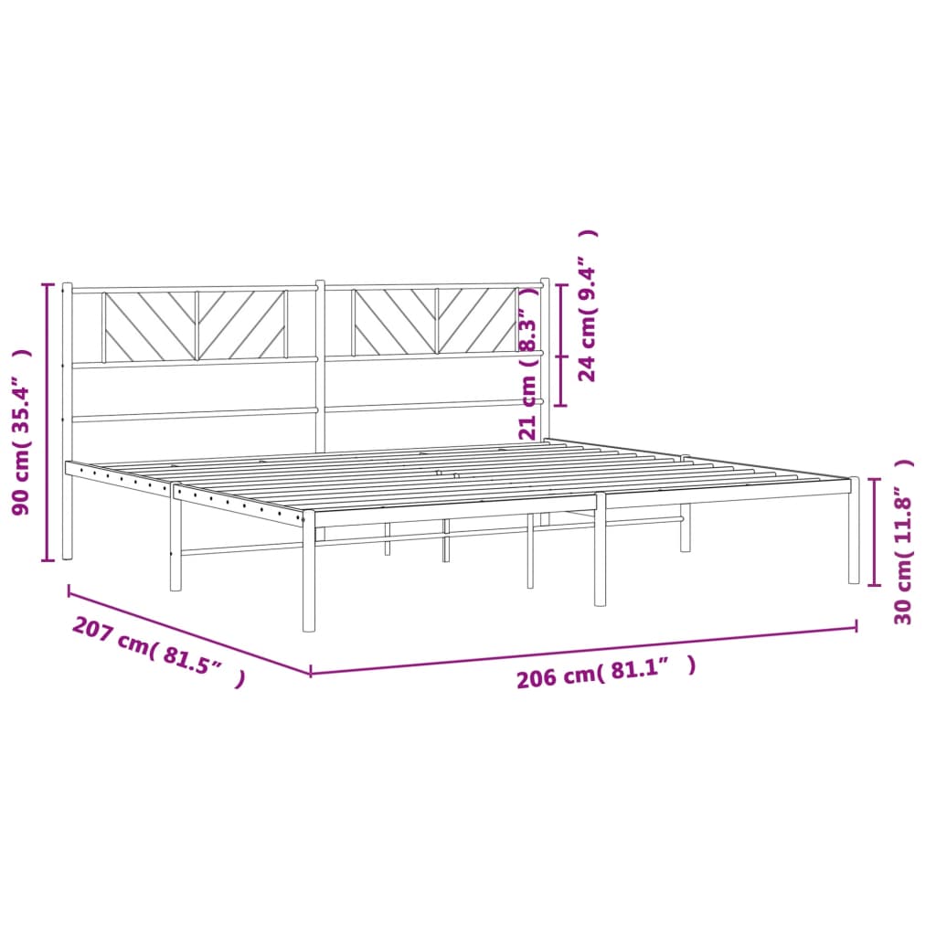 vidaXL Sengeramme i metall med sengegavl hvit 200x200 cm