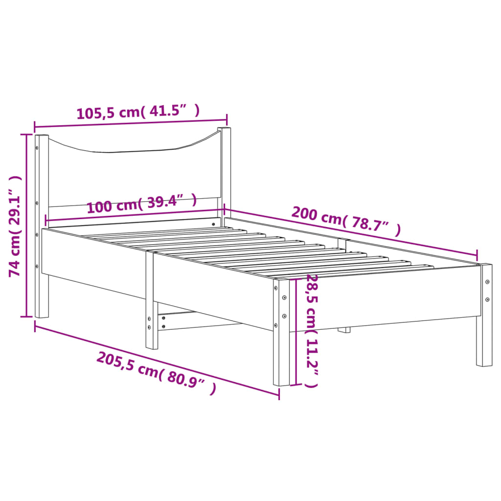 vidaXL Sengeramme uten madrass hvit 100x200 cm heltre furu