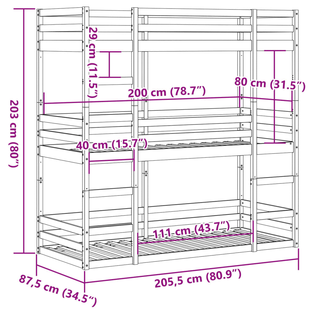 vidaXL Trippel køyeseng 80x200 cm heltre furu