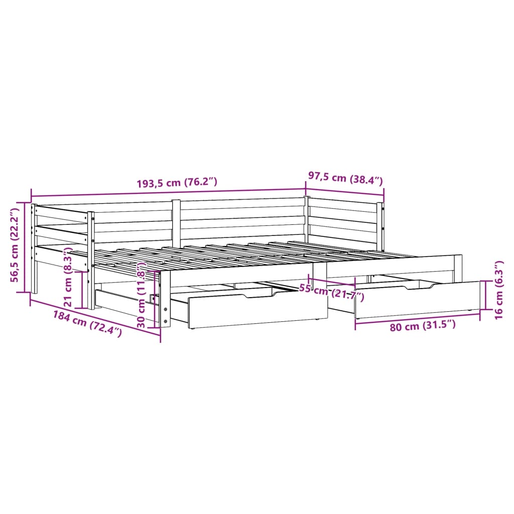 vidaXL Uttrekkbar dagseng med skuffer hvit 90x190 cm heltre furu