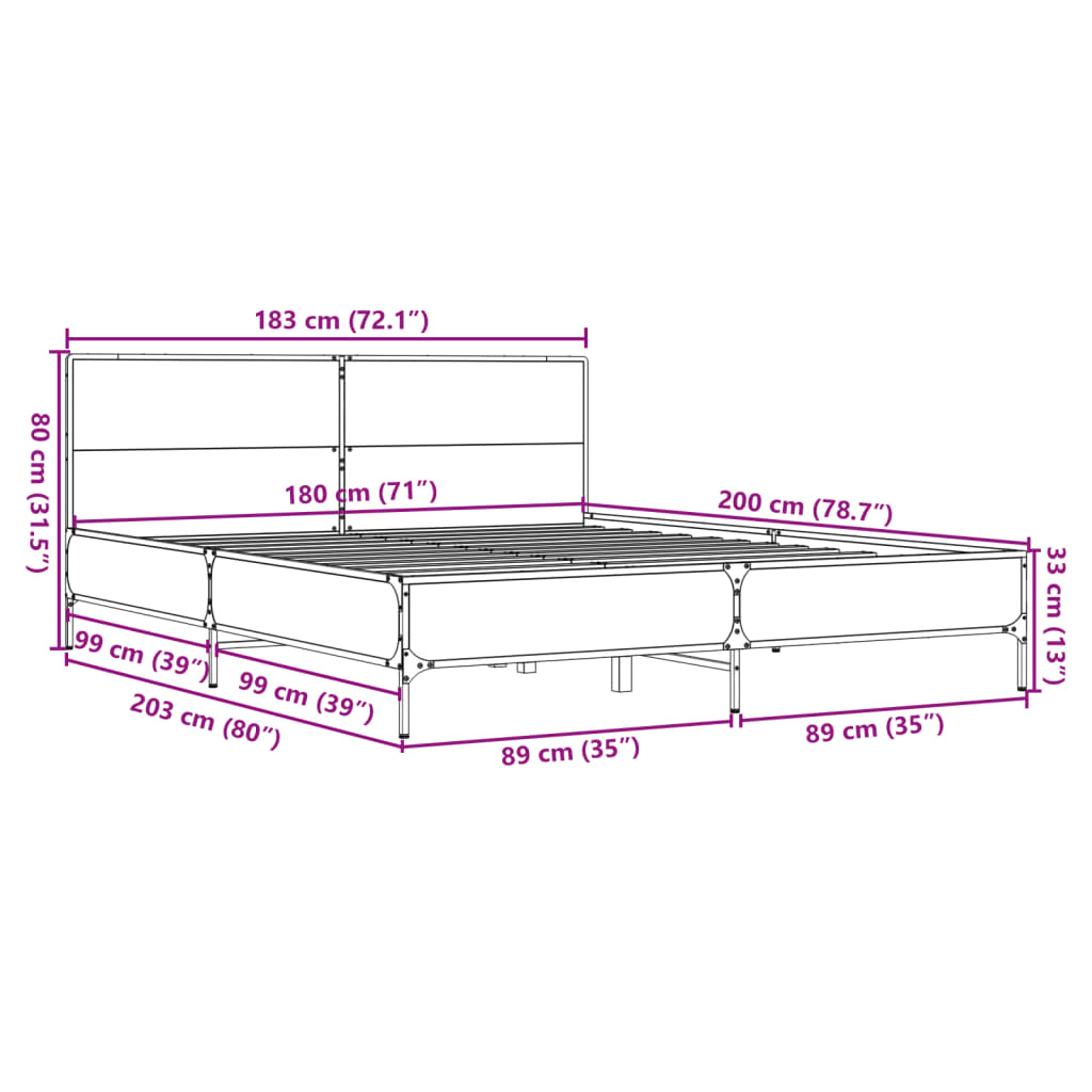 vidaXL Sengeramme røkt eik 180x200 cm konstruert tre og metall