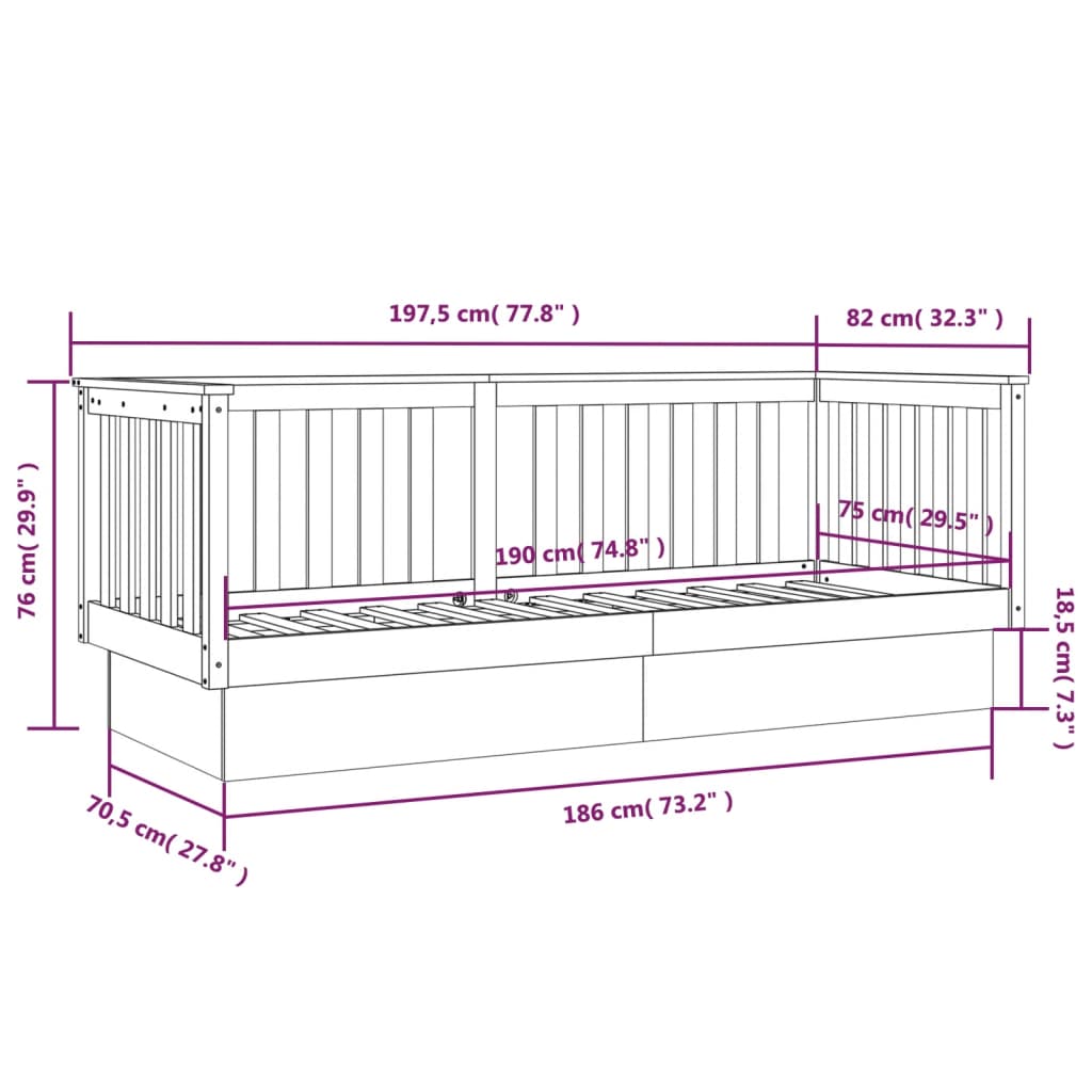 vidaXL Dagseng svart 75x190 cm heltre furu