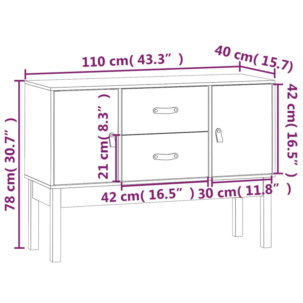 vidaXL Skjenk 110x40x78 cm heltre furu