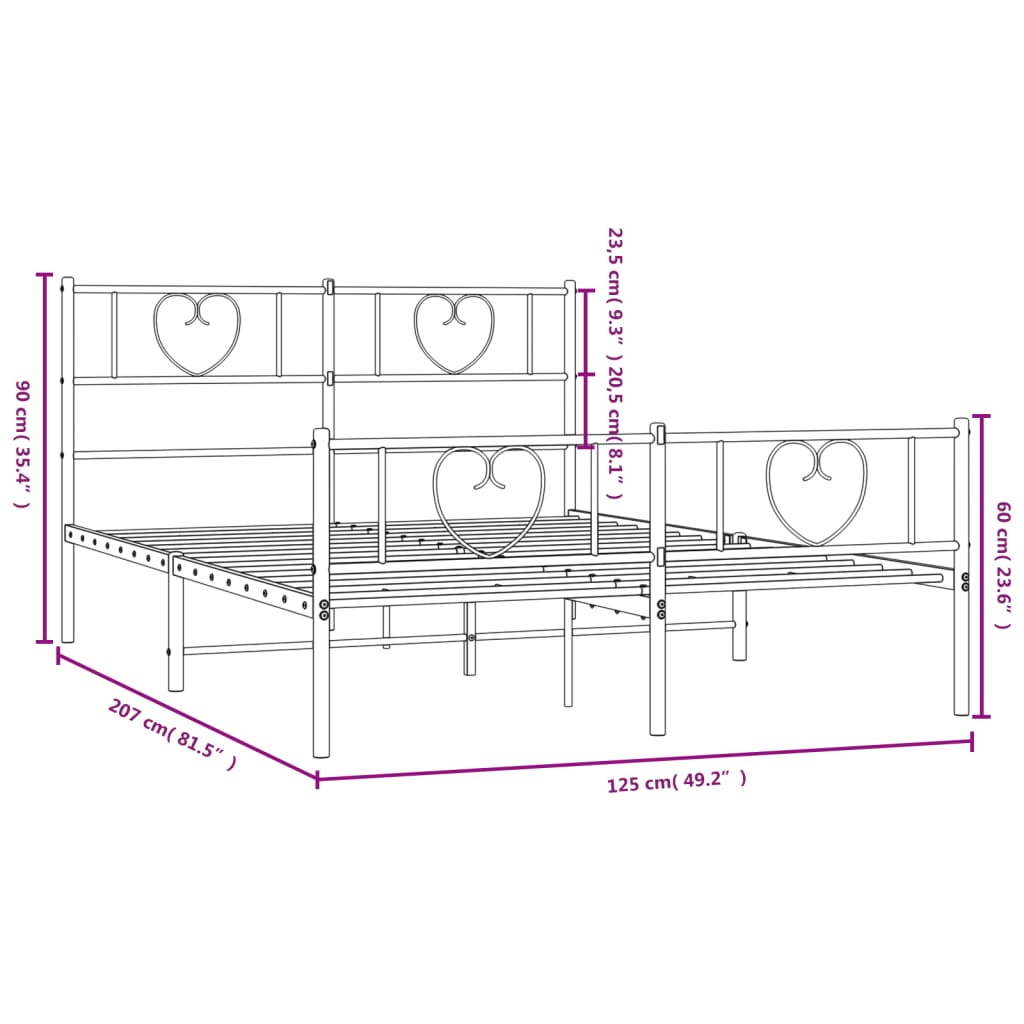 vidaXL Sengeramme i metall med hode- og fotgavl svart 120x200 cm