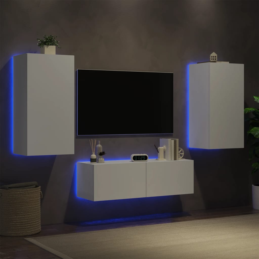 vidaXL Vegghengte TV-benker med LED 3 stk hvit
